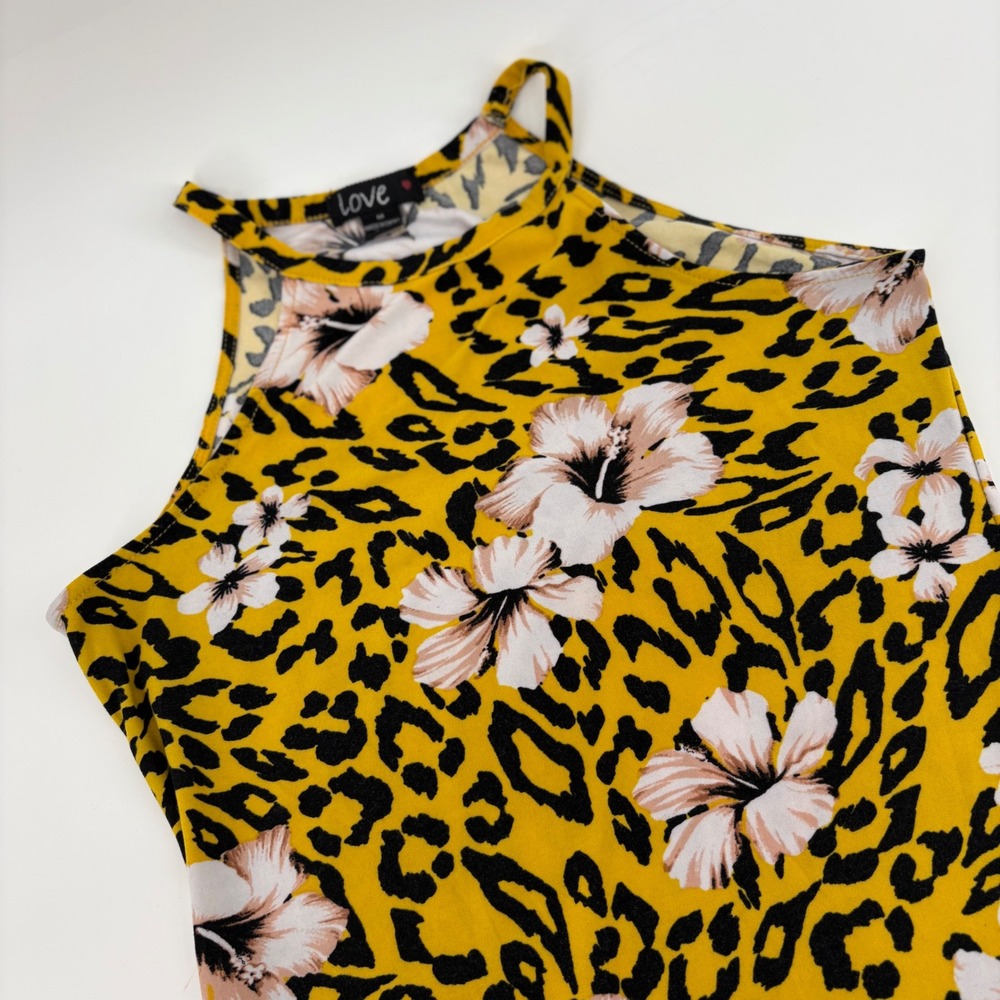 Love Yellow Leopard Floral Print Halter Neck‎ Bodycon Dress Womens Size M